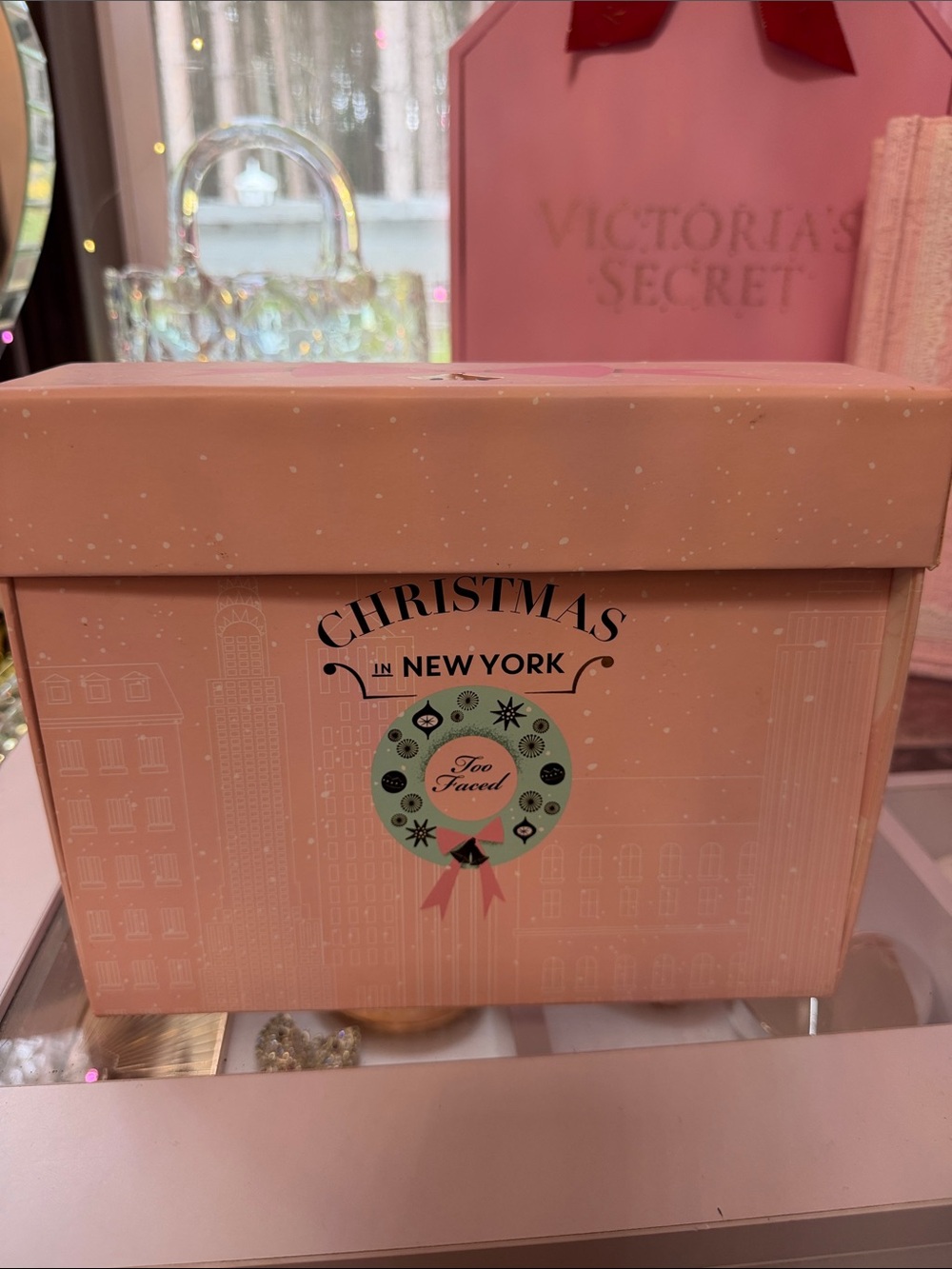 Too Faced Pink Holiday Gift Box with Mint Wreath Graphic